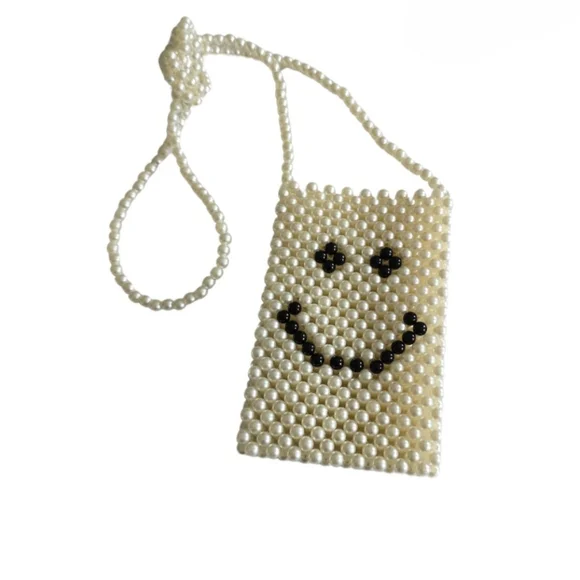 Happy Face Bag Pearl Small Beaded Purse Faux Crossbody 4 X 6 Black And White - Picture 3 of 5